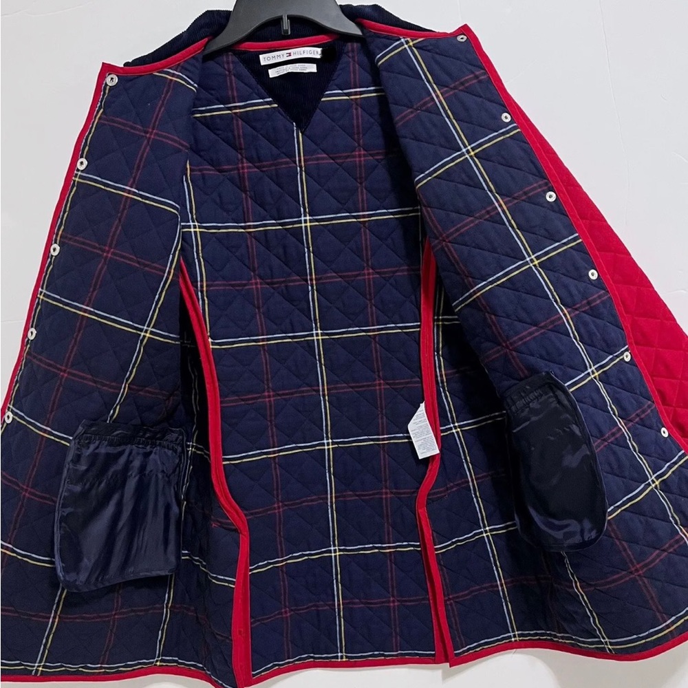 Tommy Hilfiger Barn Jacket - red quilted letters; blue plaid interior.